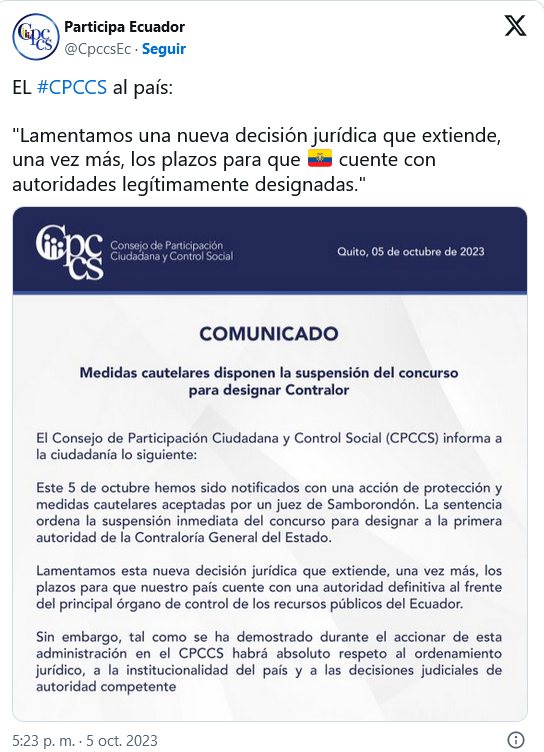 JUEZ DE SAMBORONDÓN DISPONE SUSPENSIÓN TEMPORAL, DEL CONCURSO PARA DESIGNAR CONTRALOR GENERAL