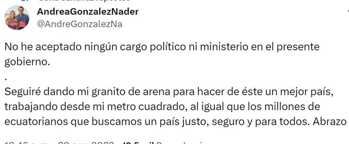 ANDREA GONZÁLEZ EXBINOMIO DE FERNANDO VILLAVICENCIO, NO ACEPTA UN MINISTERIO Y NINGÚN CARGO EN EL GOBIERNO DE DANIEL NOBOA.-