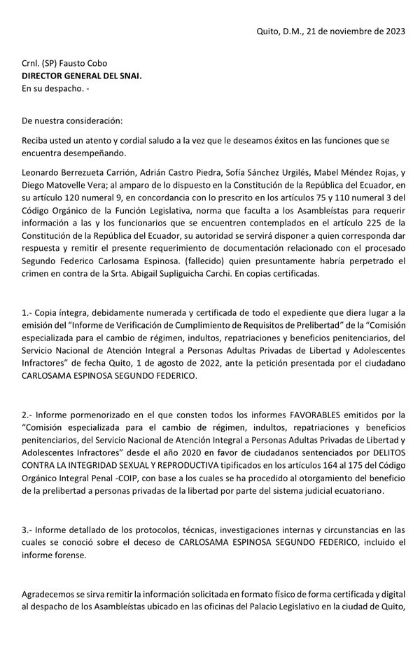 LOS 5 ASAMBLEISTAS DEL AZUAY, SOLICITAN AL SNAI Y FISCALÍA, QUE INFORMEN PORQUE EL 1 DE AGOSTO 2022, DIERON PASO A PRELIBERTAD DEL PRESUNTO ASESINO DE ABIGAIL SUPLIGUICHA.-