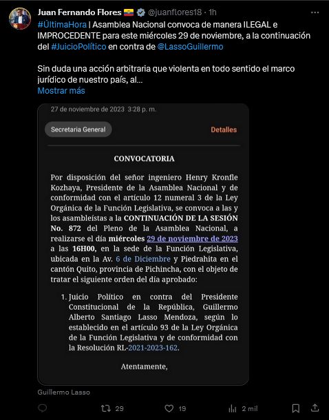 ASAMBLEA NACIONAL CON LA MISMA ACTITUD QUE LLEVÓ A LA APLICACIÓN DE LA MUERTE CRUZADA. QUIEREN JUICIOS A LASSO Y SALAZAR, ROMPIENDO CON LA PROMESAS DE IMPULSAR LEYES PARA EL EMPLEO, SEGURIDAD PARA LA RECUPERACIÓN DEL PAÍS.-