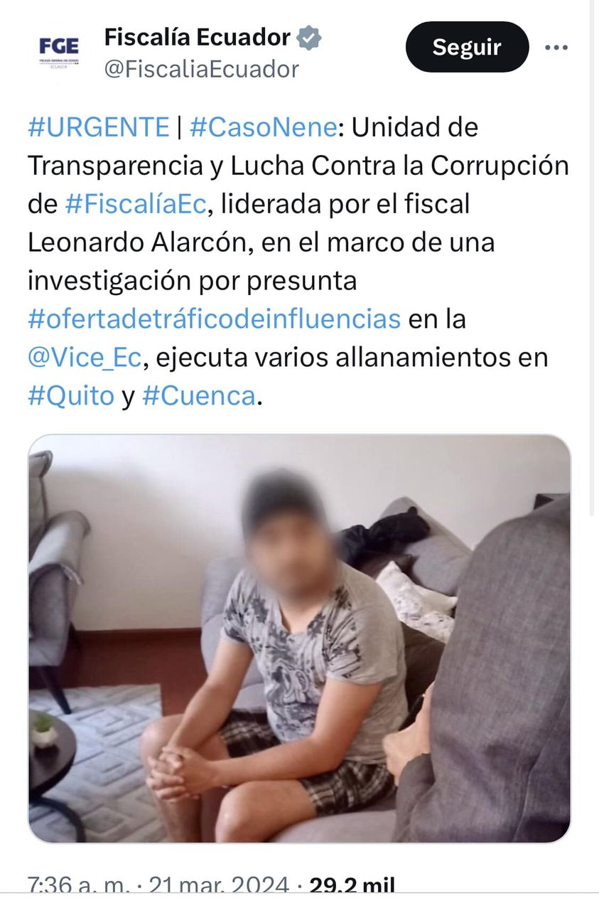 DETIENEN A HIJO DE LA VICEPRESIDENTA DE ECUADOR POR UN PRESUNTO TRÁFICO DE INFLUENCIAS