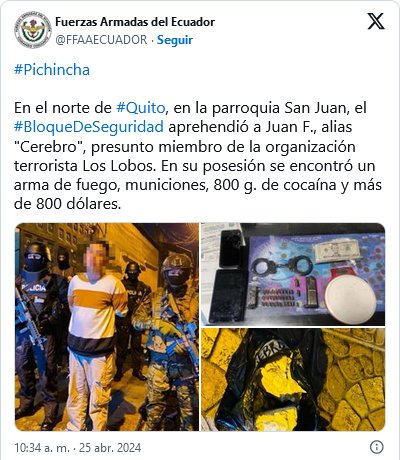 FUERZAS ARMADAS DETIENE A DOS CABECILLAS DE LA BANDA DELINCUENCIAL LOS LOBOS, ALIAS "MASATO" Y "CEREBRO"