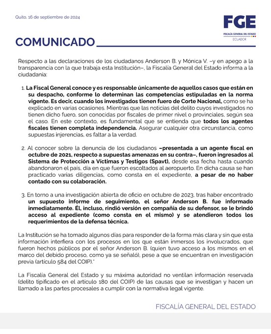 FISCALÍA SE PRONUNCIA SOBRE DECLARACIONES DE ANDERSON BOSCÁN Y ESPOSA.-