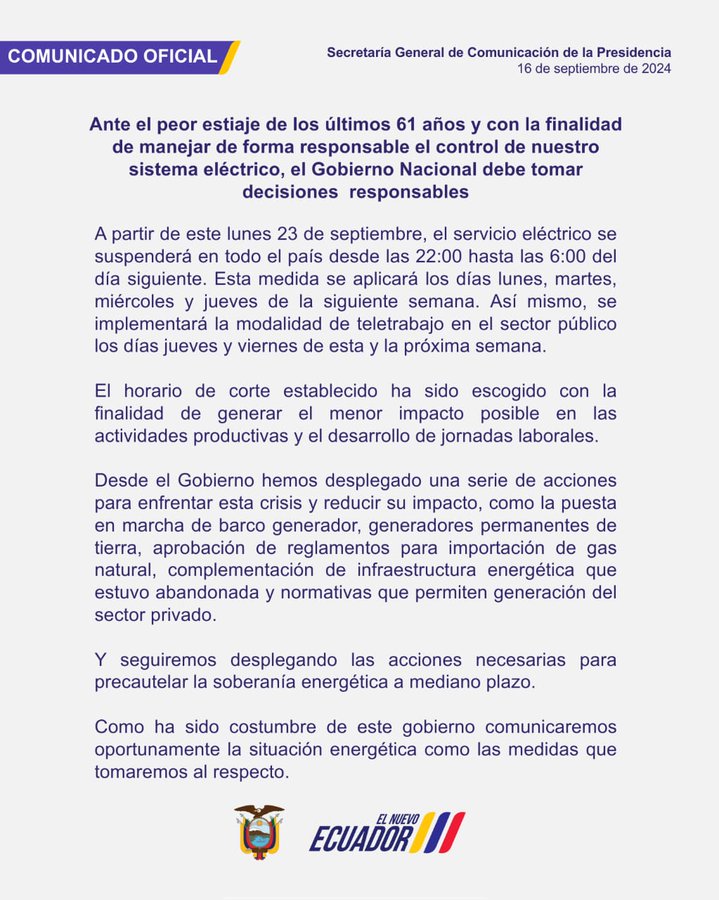 MÁS MEDIDAS PARA ENFRENTA EL FUERTE ESTIAJE ANUNCIA EL GOBIERNO. SUSPENSIÓN ENTRE 22h00 a 6h00 SE AMPLIA PARA LOS DÍAS 18-23-25 Y 26 DE SEPTIEMBRE.-