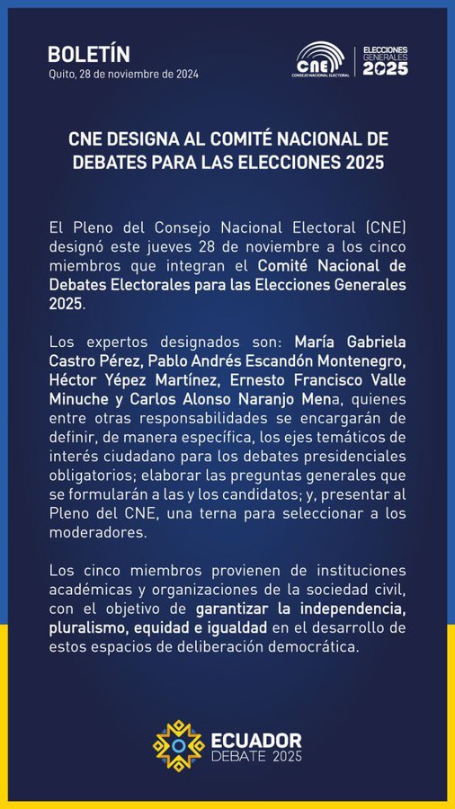 EL CNE DESIGNÓ LOS 5 MIEMBROS DEL COMITÉ NACIONAL PARA LOS DEBATES PRESIDENCIALES.-