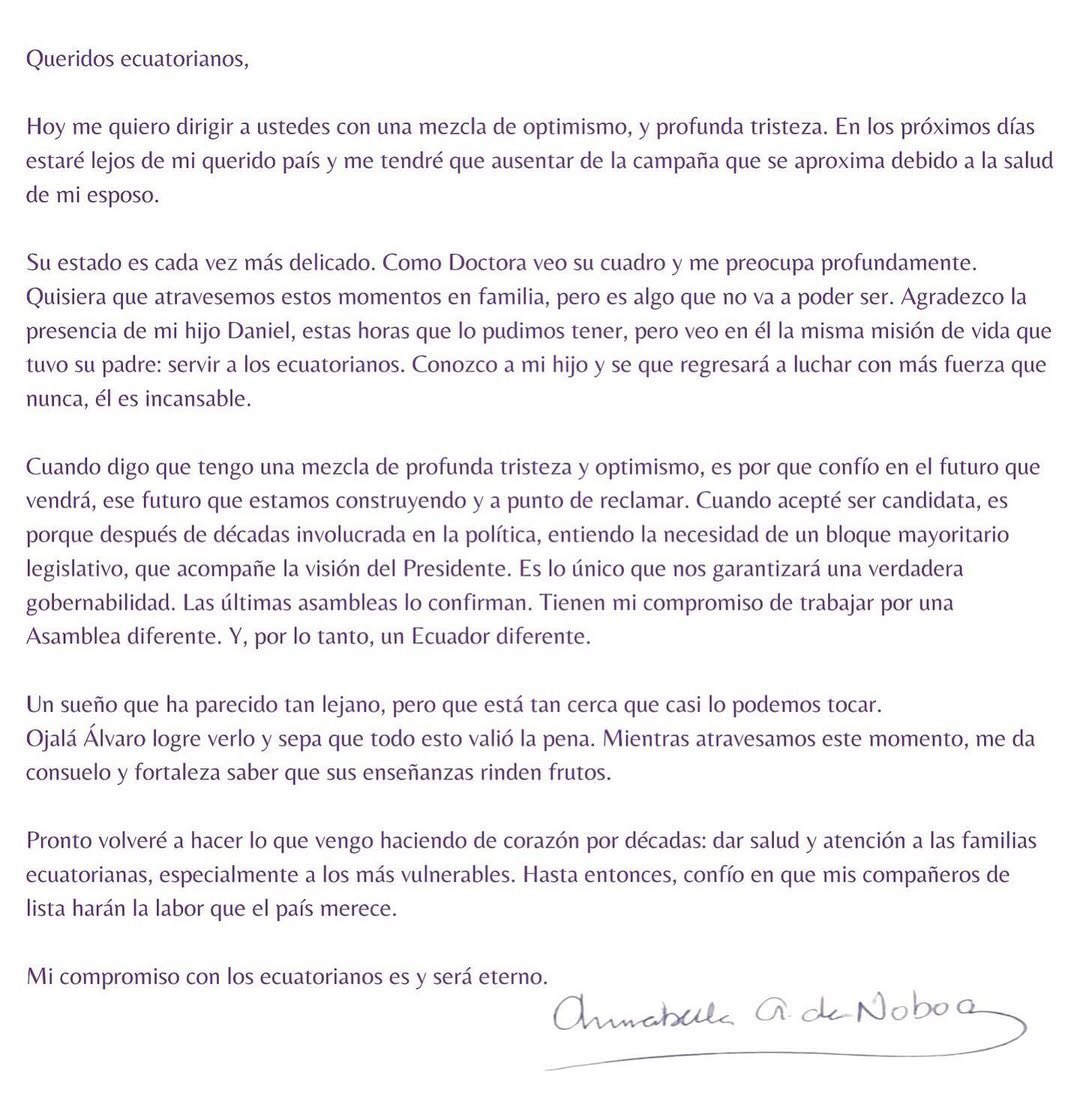 ANNABELLA AZIN ANUNCIA QUE NO HARÁ CAMPAÑA DEBIDO A LA SALUD CRÍTICA DE SU ESPOSO ÁLVARO NOBOA.-