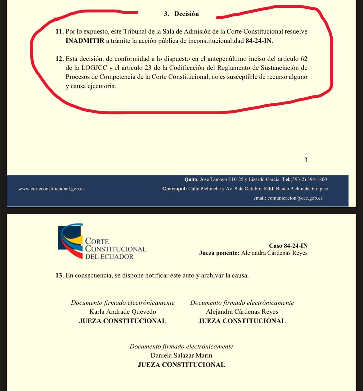 CORTE CONSTITUCIONAL INADMITE RECURSOS EN EL CASO DE LA VICEPRESIDENTE VERÓNICA ABAD.-