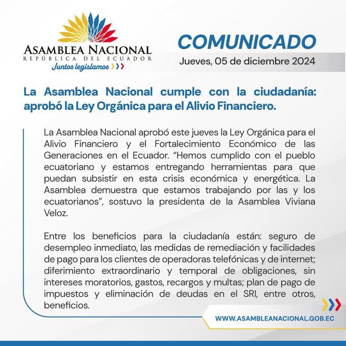 LA ASAMBLEA NACIONAL APRUEBA LEY DE ALIVIO FINANCIERO.-