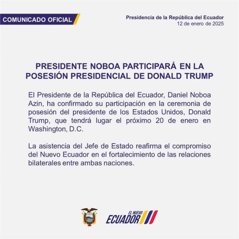 PRESIDENTE NOBOA ASISTIRÁ A POSESIÓN DE DONALD TRUMP, EÑ 20 DE ENERO.-