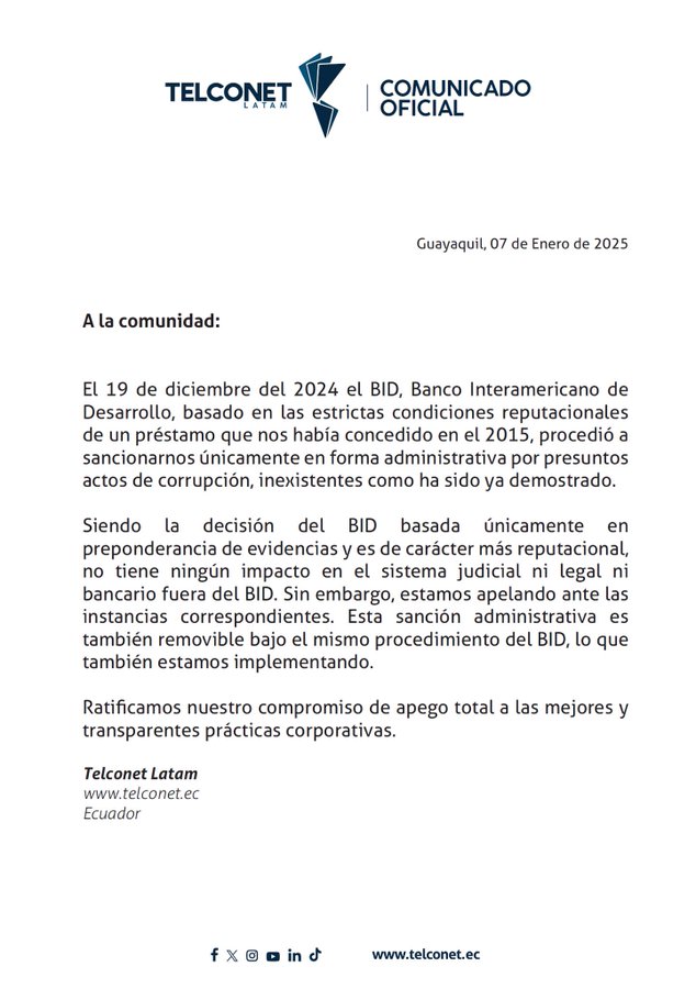 LOS TOPIC RECONOCEN SANCIÓN, Y RESPONDEN A INFORME DEL BANCO INTERAMERICANO DE DESARROLLO.-