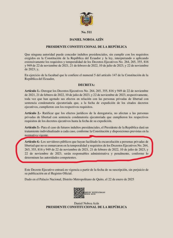 EL PRESIDENTE NOBOA DEROGÓ 5 DECRETOS DE EXPRESIDENTE LASSO, QUE OTORGABAN INDULTOS A PERSONAS PRIVADAS DE LIBERTAD.