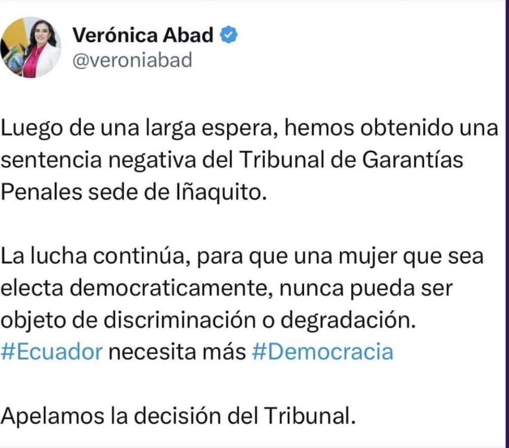 TRIBUNAL NEGÓ ACCIÓN DE PROTECCIÓN, QUE HABÍA PRESENTADO VERÓNICA ABAD EN CONTRA DE DANIEL NOBOA.-