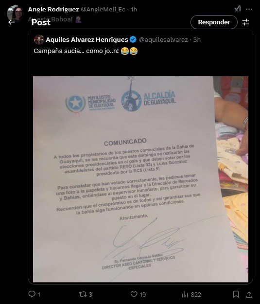 EN GUAYAQUIL, COMERCIANTES DE LA BAHÍA MOLESTOS Y NO DISPUESTOS A LOS ABUSOS Y CHANTAJES, DENUNCIAN QUE LOS EMPLEADOS DE LA ALCALDÍA, EXIGEN VOTAR POR CANDIDATA LUISA GONZÁLEZ PARA GARANTIZAR EL PUESTO. EL ALCALDE ÁLVAREZ NIEGA Y DICE QUE ES CAMPAÑA SUCIA