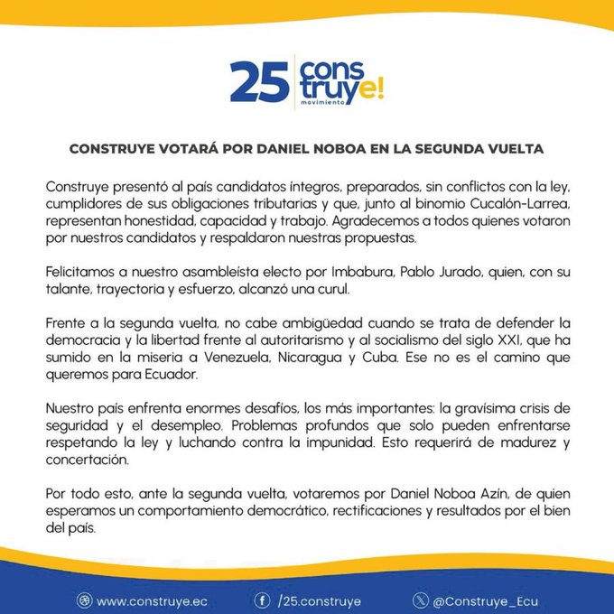 MOVIMIENTO CONSTRUYE ANUNCIA APOYO PARA LA SEGUNDA VUELTA ELECTORAL, PARA DANIEL NOBOA.