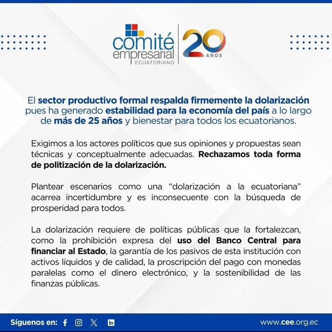 "COMITÉ EMPRESARIAL RECHAZA DOLARIZACIÓN AL ESTILO DEL CORREISMO"