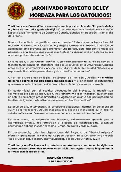 TRADICIÓN Y ACCIÓN ECUADOR SIGUE EN SU CAMPAÑA EN OPOSICIÓN AL SOCIALISMO DEL SIGLO XXI.-