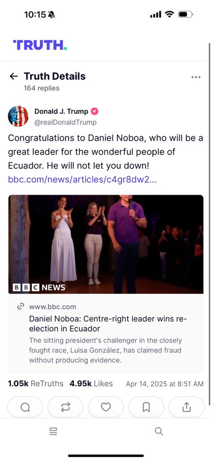 PRESIDENTE DE ESTADOS UNIDOS Y GOBIERNO DE LA REGIÓN FELICITAN TRIUNFO DE DANIEL NOBOA,