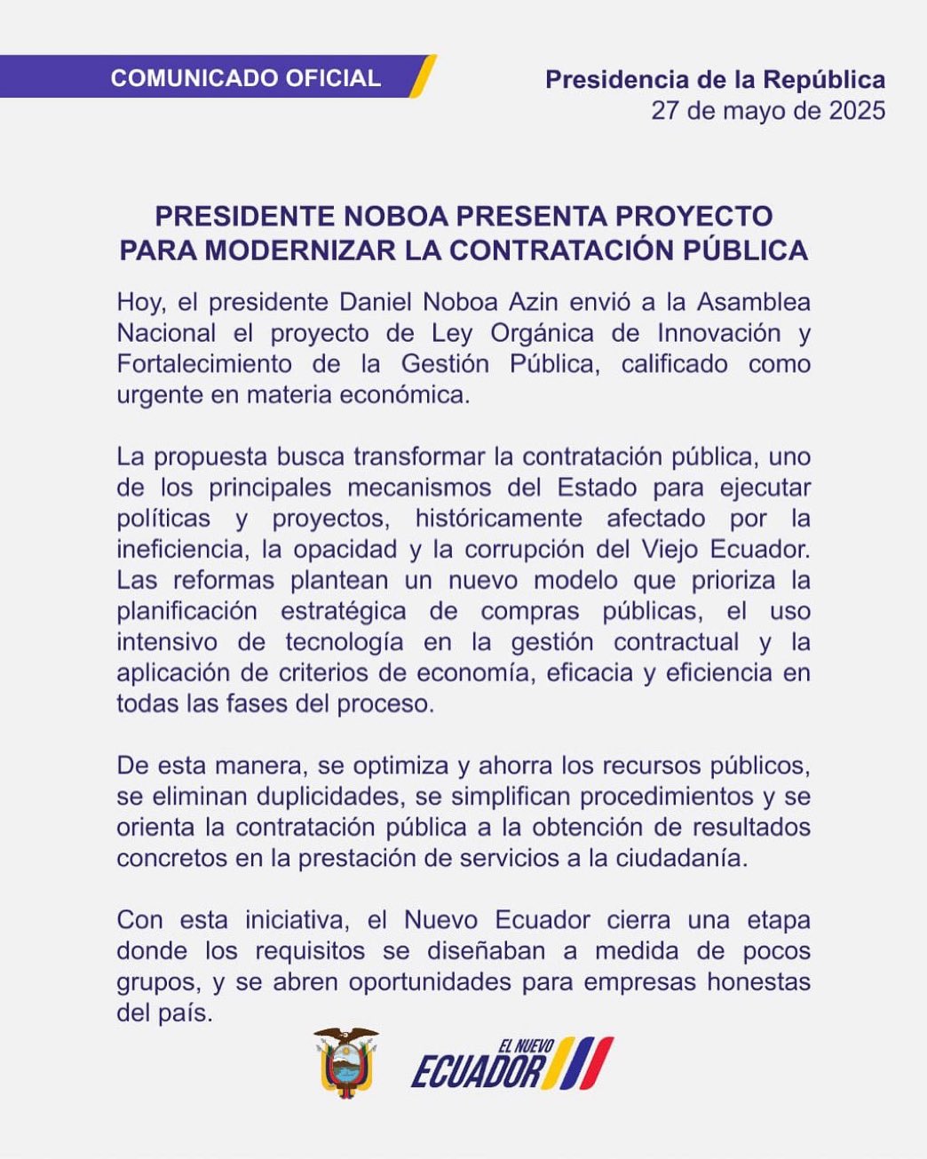 PRESIDENTE NOBOA, ENVÍA PROYECTO DE LEY PARA FORTALECER Y TRANSPARENTAR LA CONTRATACIÓN PÚBLICA.-