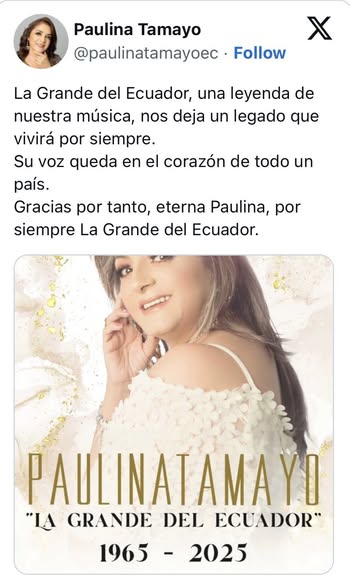 FALLECE LA MUY QUERIDA CANTANTE DE LA MÚSICA NACIONAL, PAULINA TAMAYO.-
